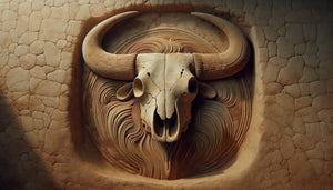 Reconstitution d'un taureau monumental néolithique de Çatalhöyük modelé dans un mur avec crâne réel et pigments ocres, 7000 av. J.-C.