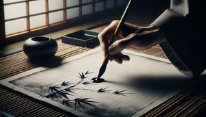 Technique ancestrale zen : pinceau de bambou appliquant encre de Chine sur papier washi traditionnel japonais