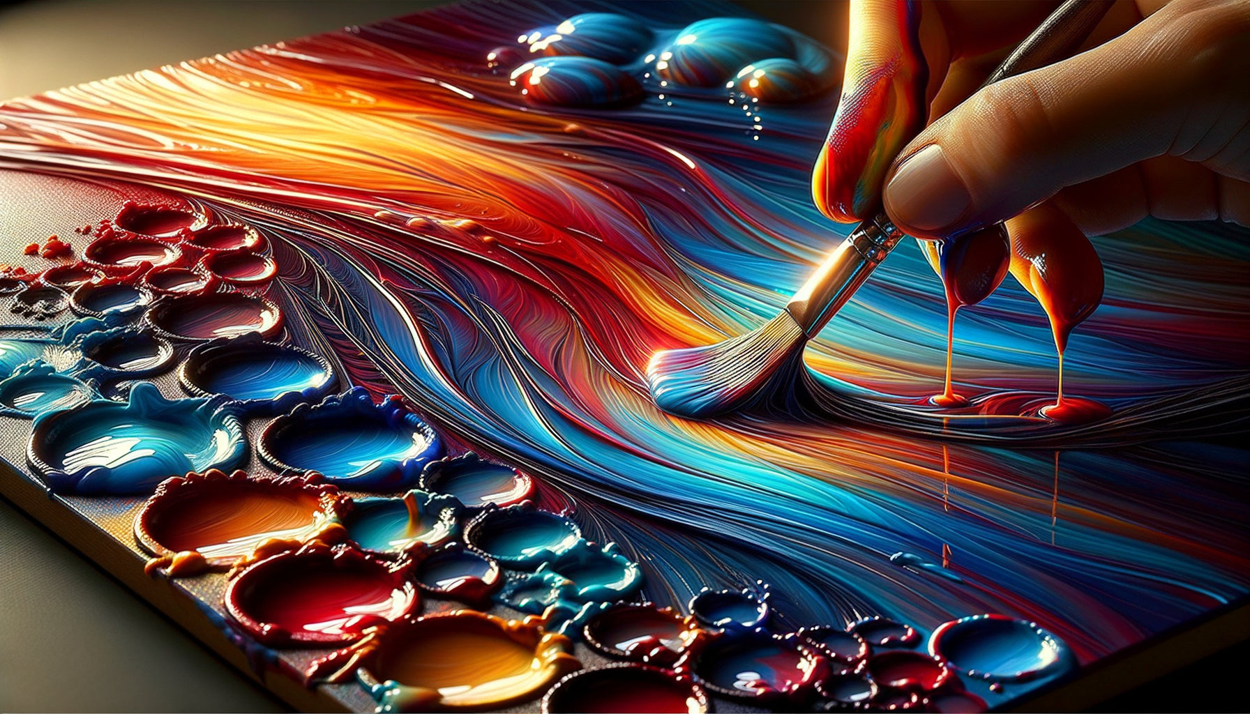 Main d'artiste appliquant technique humide sur humide créant dégradé bleu-rouge parfait sur toile abstraite