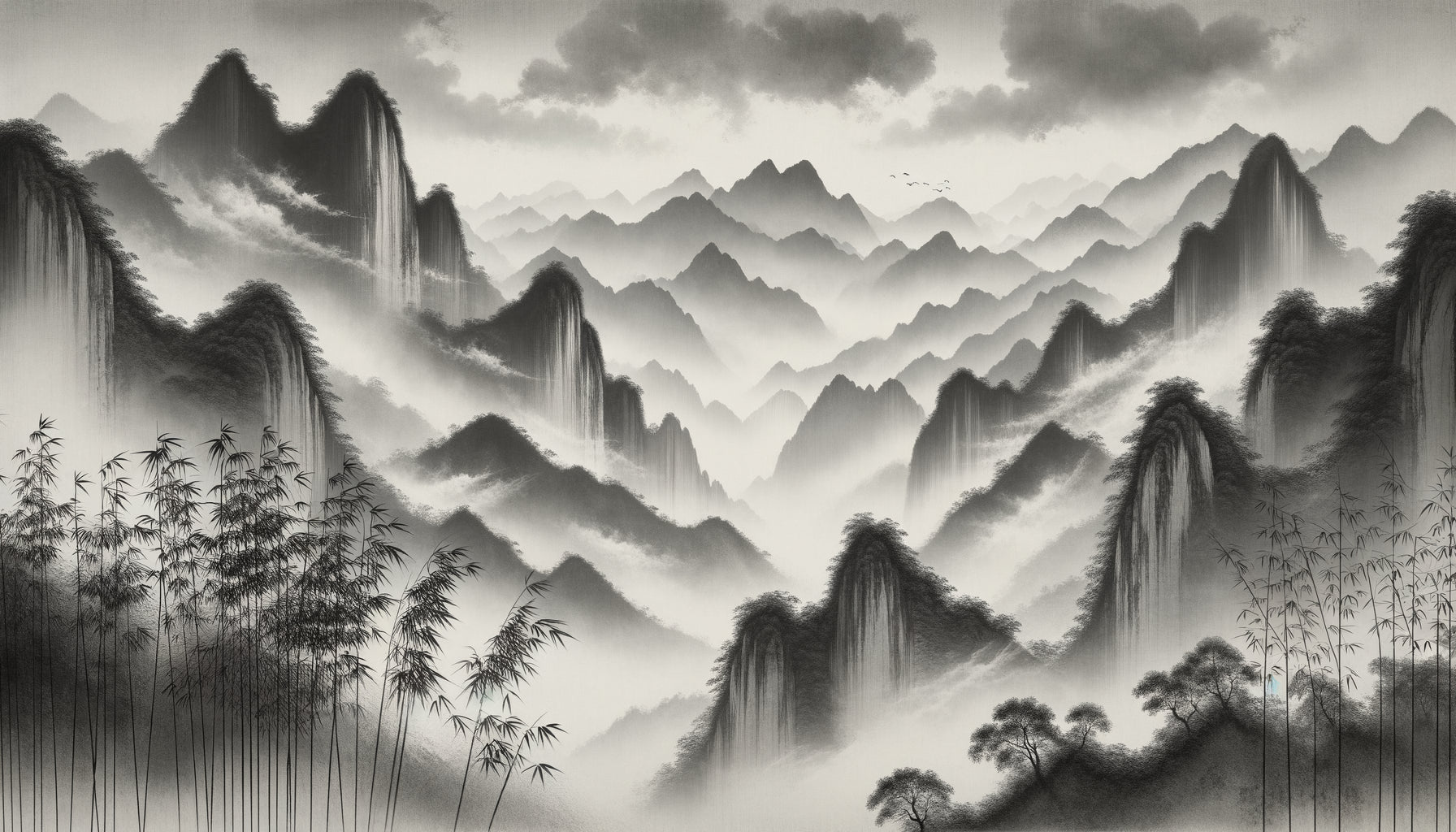 Peinture de paysage chinois dynastie Song avec dégradés d'encre atmosphériques et montagnes brumeuses