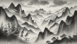 Peinture de paysage chinois dynastie Song avec dégradés d'encre atmosphériques et montagnes brumeuses