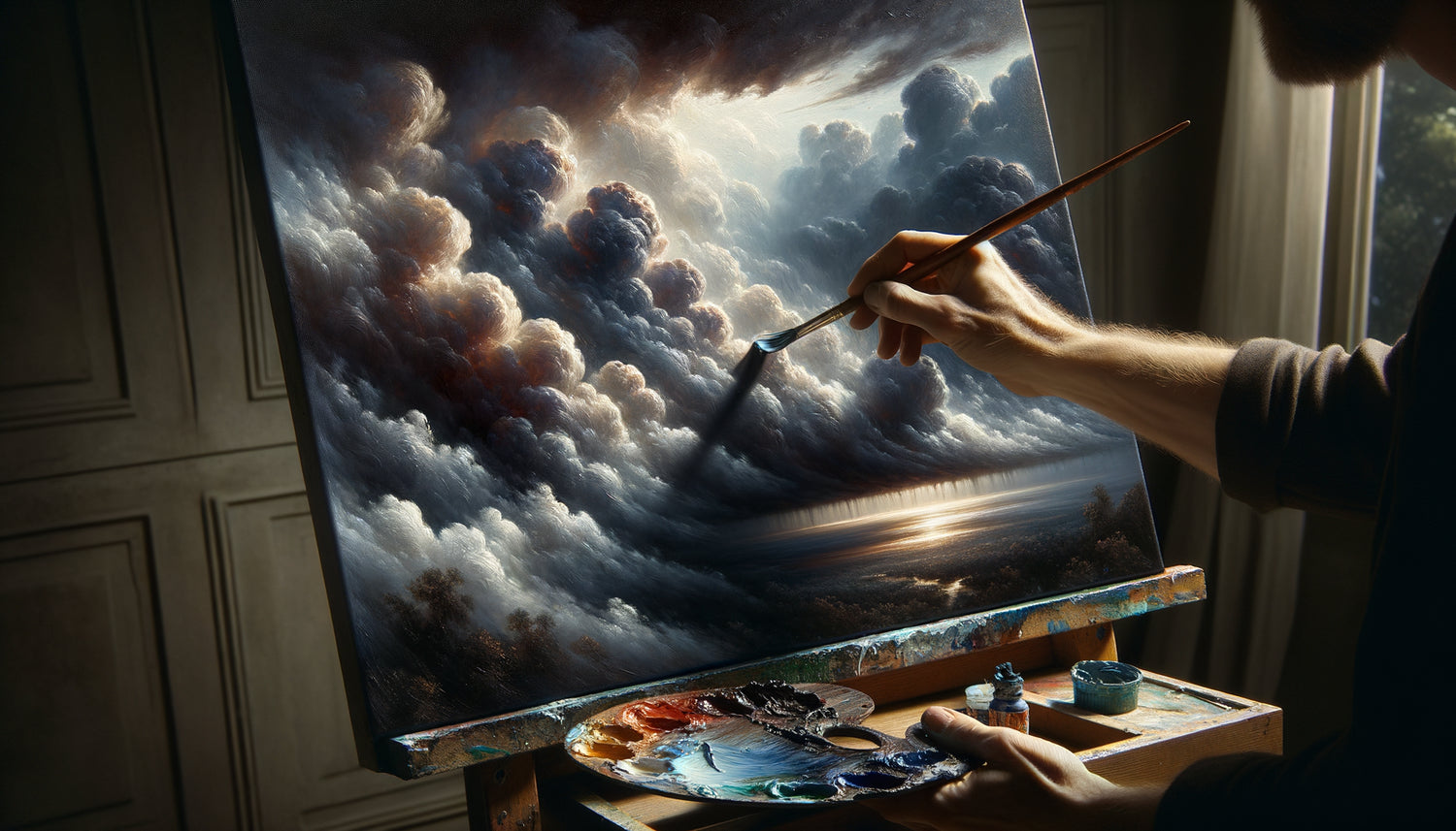 Démonstration de la technique du glacis appliquée à la peinture de nuages orageux, superposition de couches transparentes à l'huile