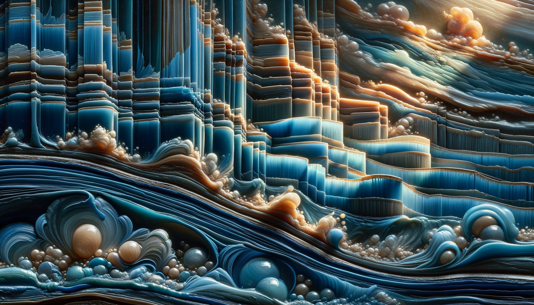 Macro détaillée montrant les couches de glacis bleus superposées dans la technique picturale de Vermeer, 17ème siècle