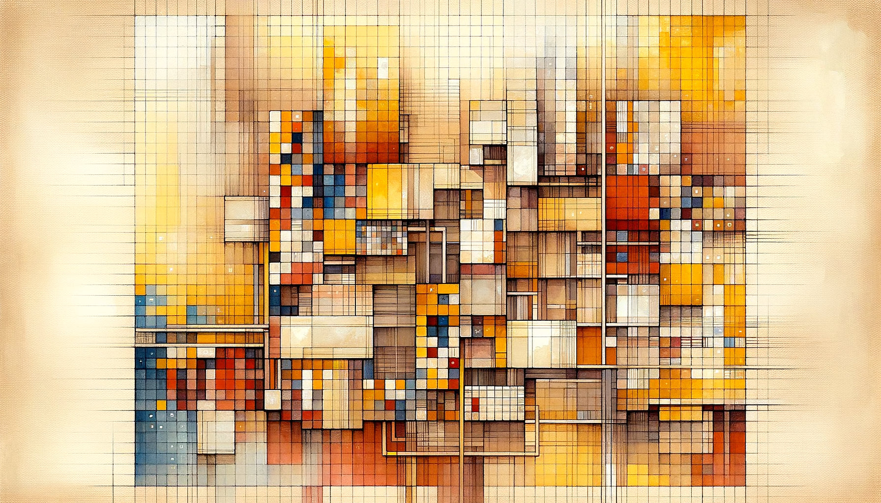 Composition abstraite géométrique dans le style de Paul Klee montrant sa technique de grille structurelle et architecture chromatique