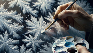 Gros plan sur main d'artiste peignant du givre par technique de glacis et pointillisme, atelier classique