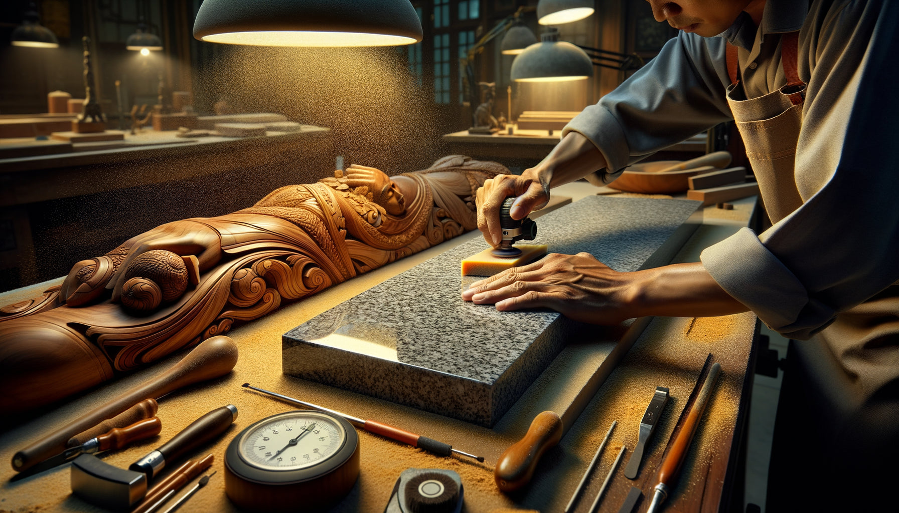 Restaurateur d'art pratiquant la technique du plateau de référence sur sculpture en bois précieux, atelier professionnel