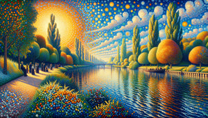 Gros plan sur la technique pointilliste de Seurat montrant des milliers de points colorés juxtaposés créant un paysage lumineux