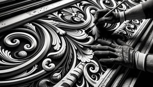 Frise décorative Art Nouveau monochrome en sgraffite, motifs organiques noir et blanc, technique artisanale 1900