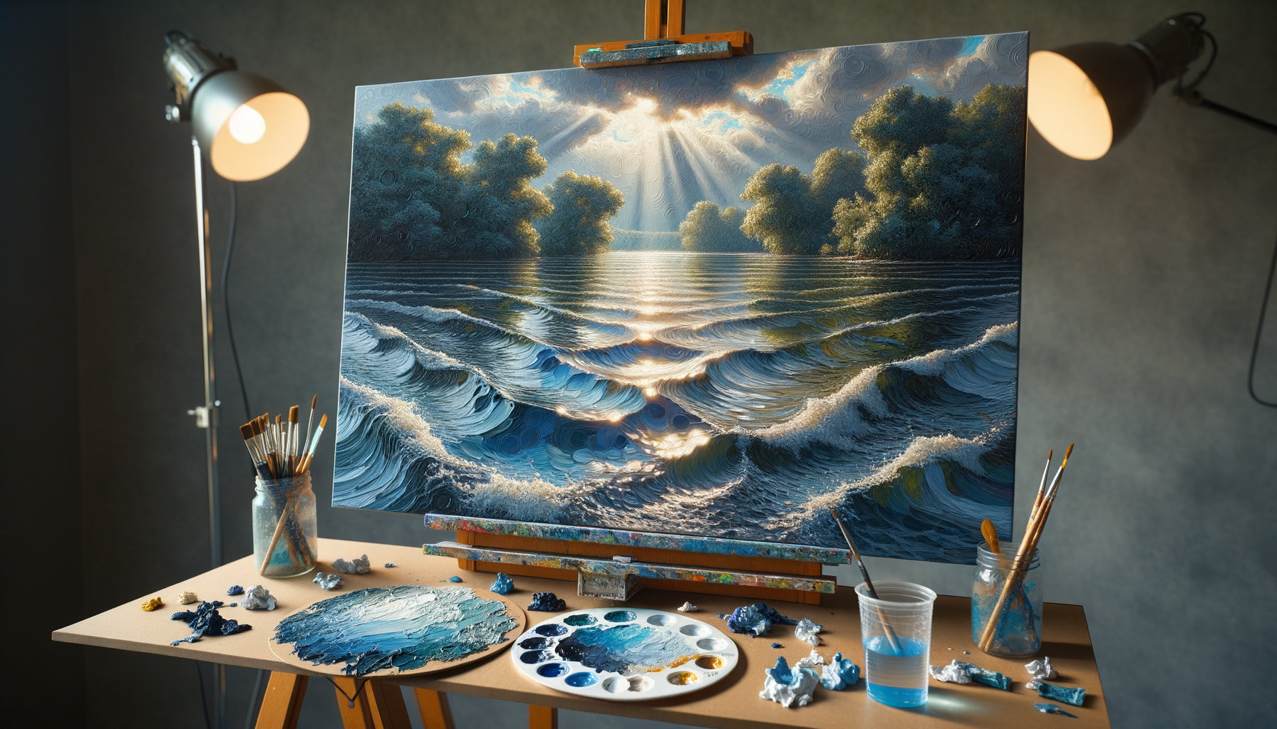 Démonstration de la technique de peinture en trois couches pour reflets sur eau agitée avec structure tonale, ondulations et accents lumineux