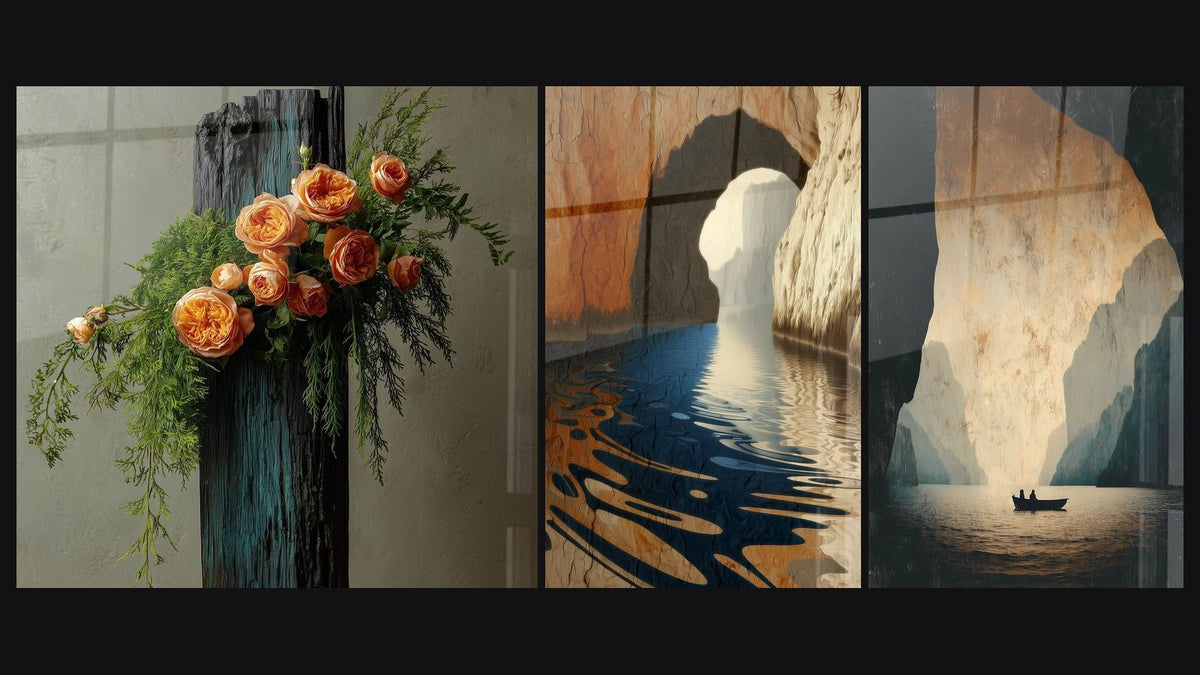 Mosaic of three paintings, including Orange Roses and Foliage on Burnt Wood and Boat in Marine Cave