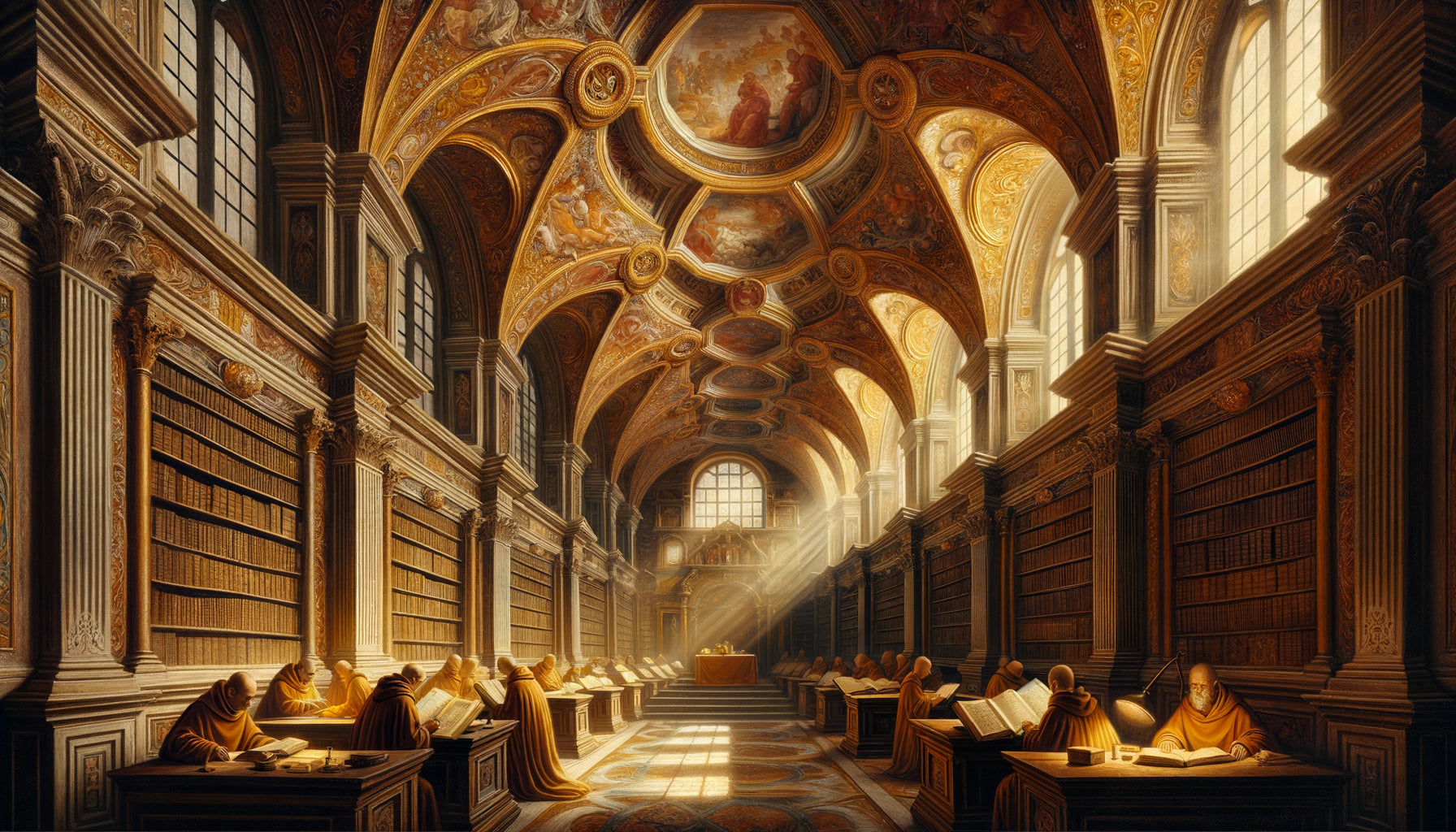 Fresque Renaissance d'une bibliothèque voûtée avec techniques de fonds lumineux et glacis translucides, 16ème siècle