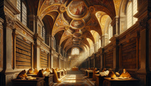 Fresque Renaissance d'une bibliothèque voûtée avec techniques de fonds lumineux et glacis translucides, 16ème siècle