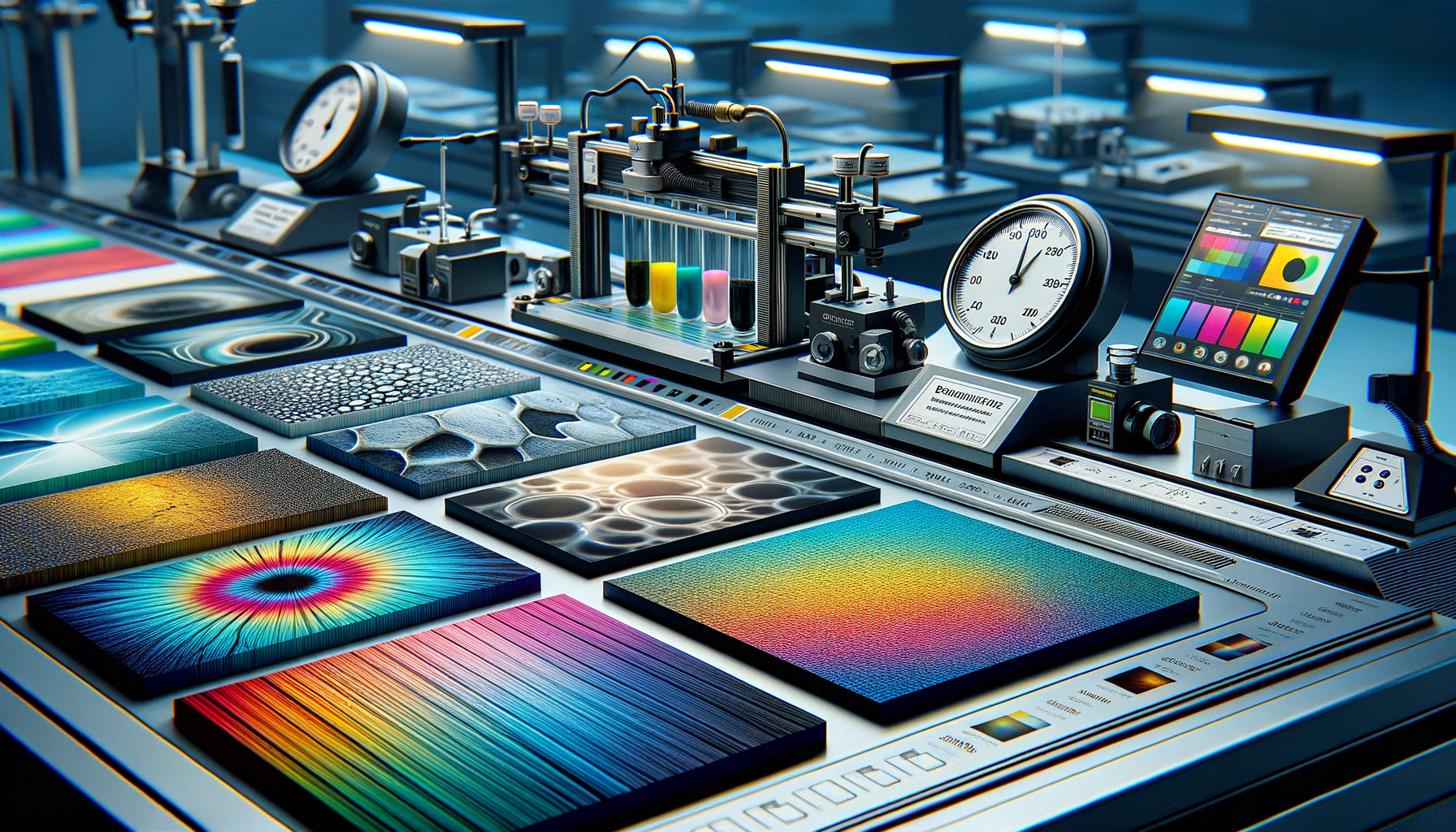 Échantillons de quatre techniques d'impression durables : giclée pigments, UV, sublimation thermique et latex en test de longévité