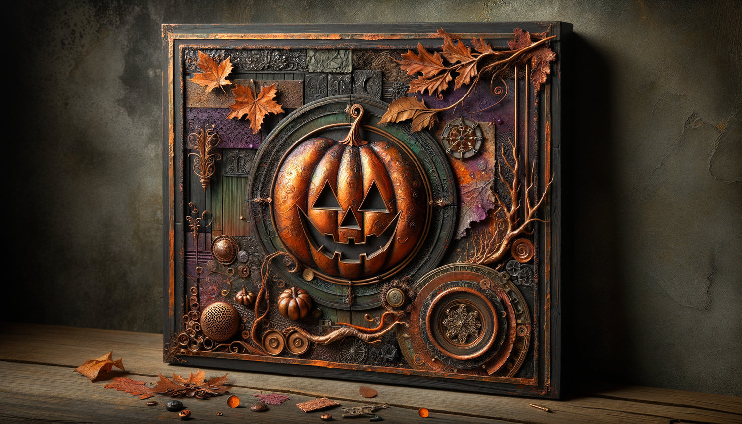 Œuvre Halloween en techniques mixtes montrant superposition de peinture, collage et éléments texturés sur panneau vintage