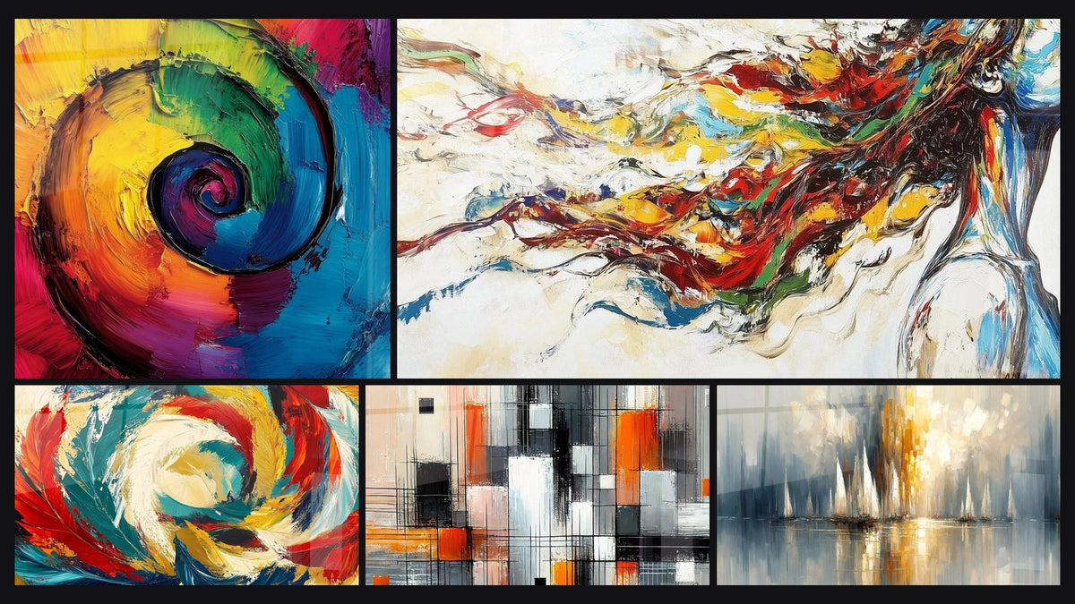 Mosaic of five paintings, including Multicolor Spiral, Cosmic Metamorphosis and Mechanics of Colors