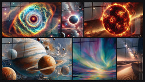 Mosaïque de six tableaux, dont Iris de l'Univers, Éclipse Céleste et Planètes système solaire