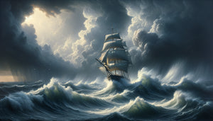 Tempête maritime romantique du 19ème siècle incarnant les tourments intérieurs, style peinture à l'huile dramatique