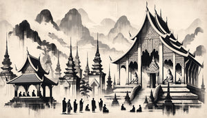 Peinture murale monochrome de temple de Luang Prabang influencée par les estampes chinoises traditionnelles, contraste encre noire et espace négatif