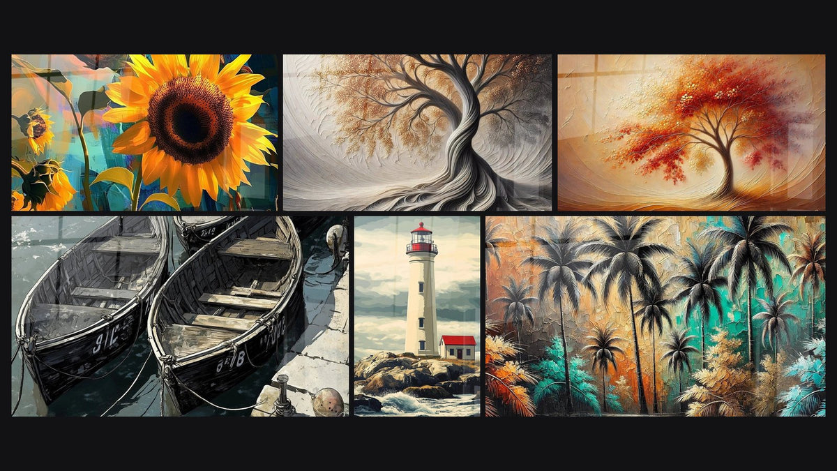 Mosaic of six paintings, including Sunflower Wall Art No. 1, Breath of Earth and Tree of Life Zen Dance of Seasons