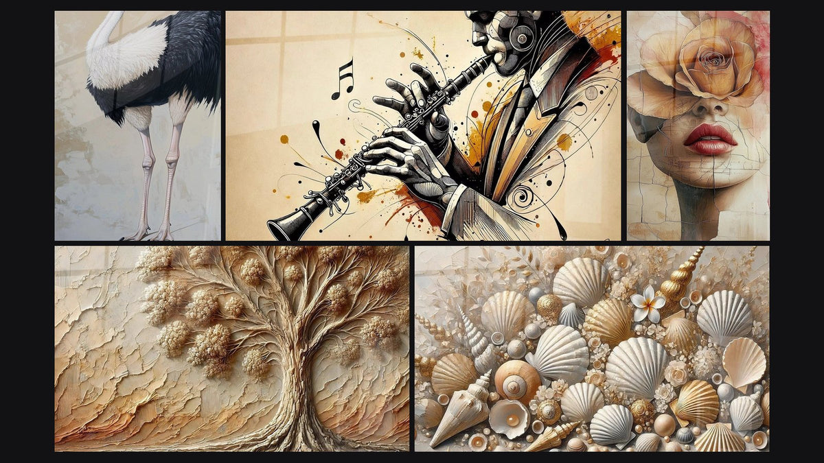 Mosaïque de cinq tableaux, dont Autruche N°1, Clarinette N°1 et Arbre d'Antan