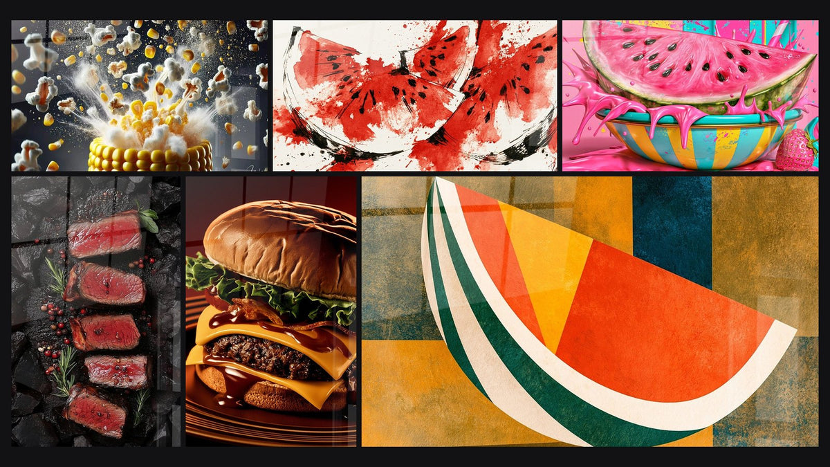 Mosaïque de six tableaux, dont Explosion Popcorn, Viande N°1 et Cheeseburger doré et jaune au bacon nappé