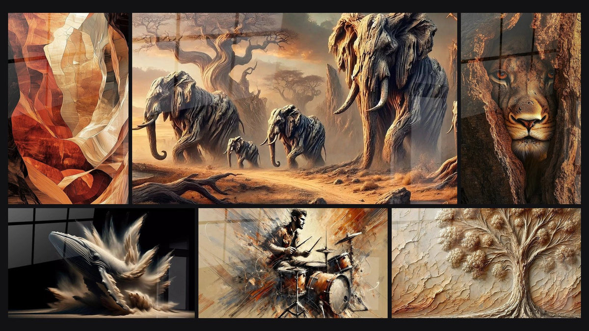 Mosaik aus sechs Gemälden, darunter Der Ruf der Ahnen, Elises Wal und Löwentafel Nr. 2