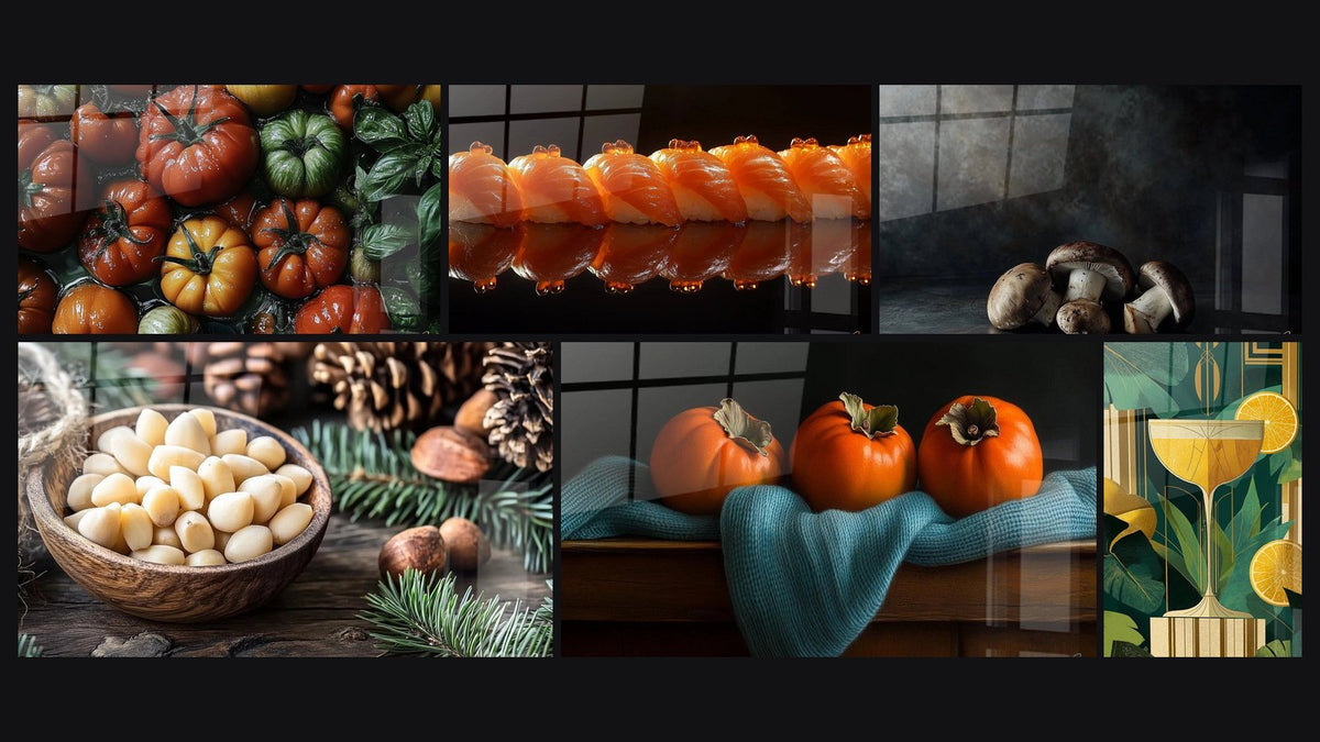 Mosaik aus sechs Gemälden, darunter Tomate Nr. 1, Sushi-Wandbild Nr. 2 und Pilz-Wandbild Nr. 1