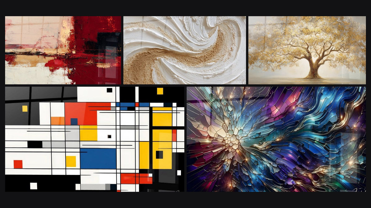 Mosaïque de cinq tableaux, dont Abstraction rouge et blanc à la spatule, Composition géométrique colorée et Éclats de Vitraux