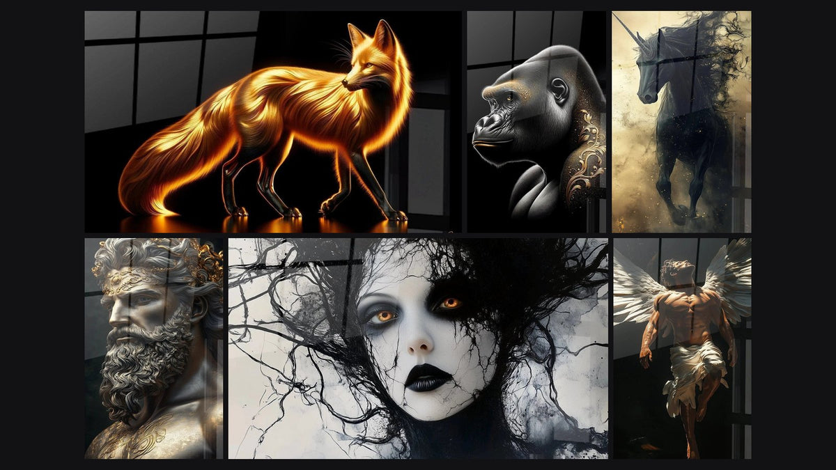 Mosaic of six paintings, including Golden Fox Mystical Aura, Golden Nobility Gorilla and Zeus Wall Art No. 1