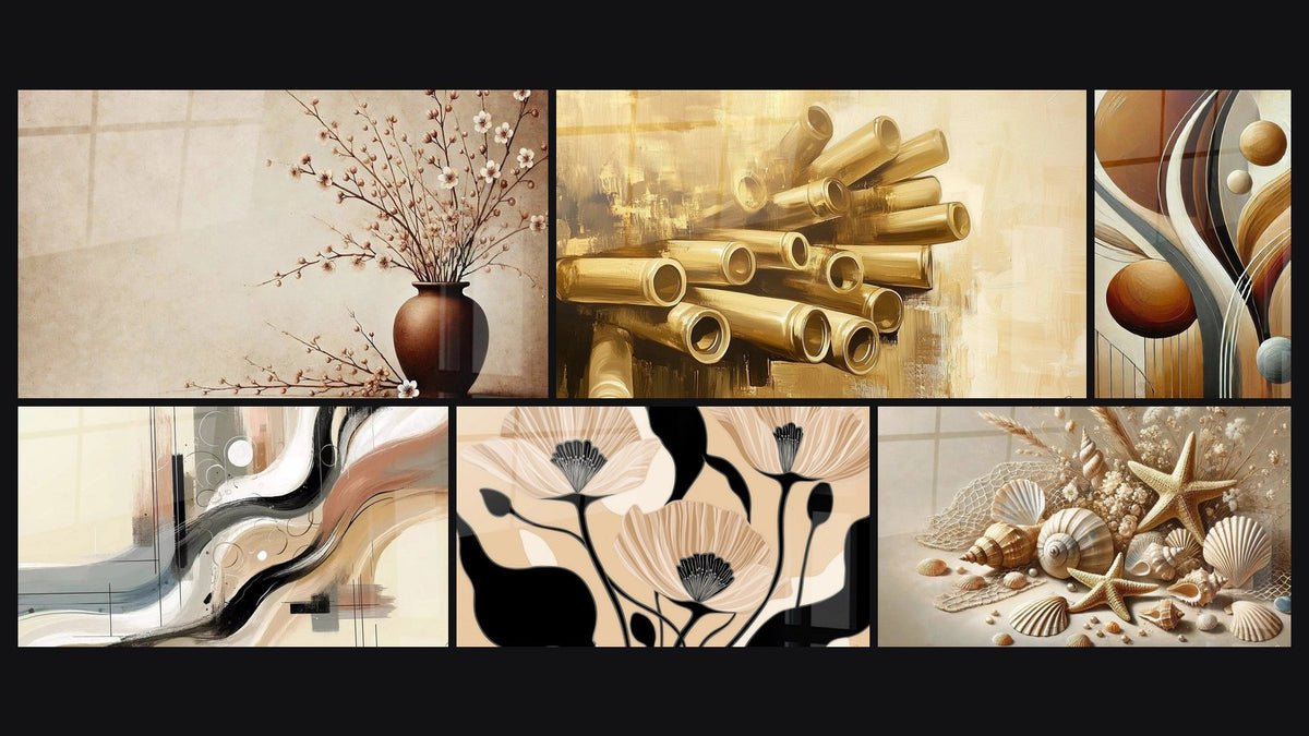 Mosaïque de six tableaux, dont Harmonie Naturelle, Sillage Abstrait et Mécanique d'Or