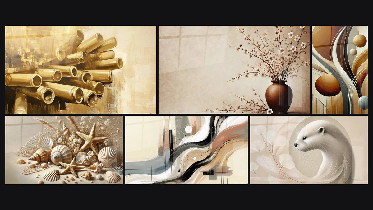 Mosaïque de six tableaux, dont Mécanique d'Or, Harmonie Naturelle et Étoiles et Coquillages