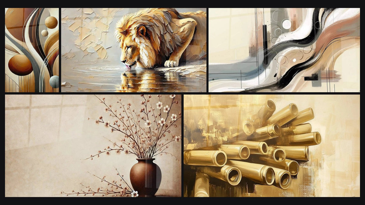Mozaïek van vijf schilderijen, waaronder Abstracte Sereniteit, Natuurlijke Harmonie en Gouden Mechanisch