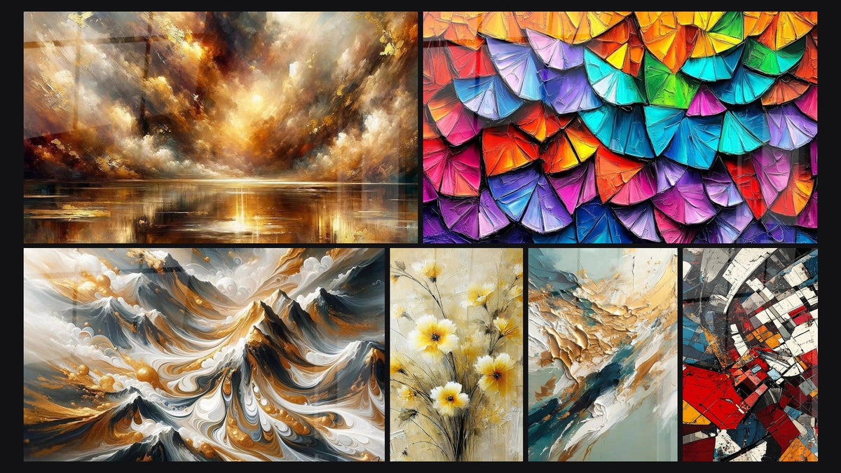 Mosaïque de six tableaux, dont Crépuscule des Éléments, Crêtes Dorées et Effleurement Doré