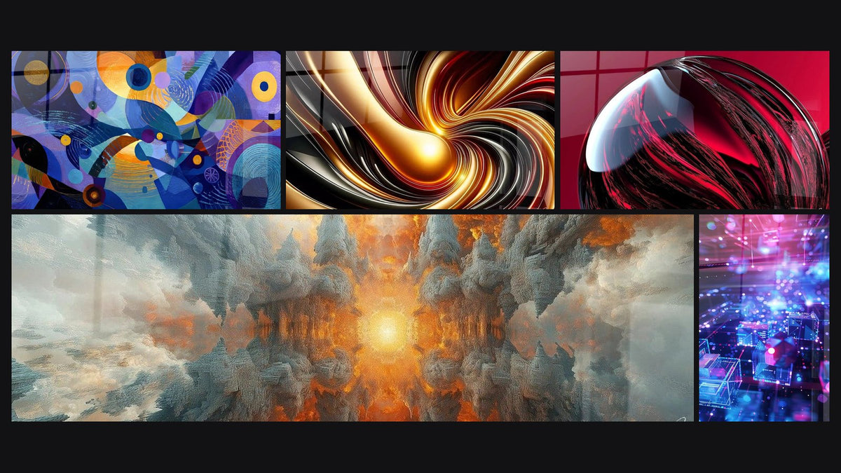Mosaïque de cinq tableaux, dont Formes géométriques abstraites, Convergence Élément Spirituel Orange et Tourbillon