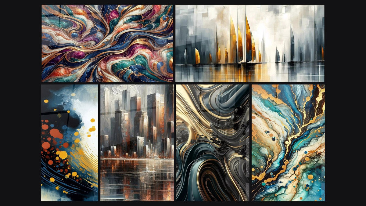 Mosaico di sei quadri, tra cui Cosmo Incantato, Riflessioni Urbane e Ondulazioni Opulente