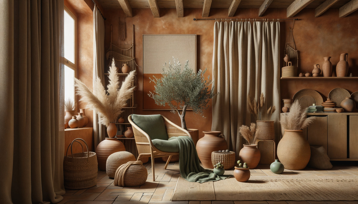 Intérieur Airbnb tendance 2025 avec palette terracotta-sauge, matières naturelles et style néo-naturaliste chaleureux