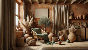 Intérieur Airbnb tendance 2025 avec palette terracotta-sauge, matières naturelles et style néo-naturaliste chaleureux
