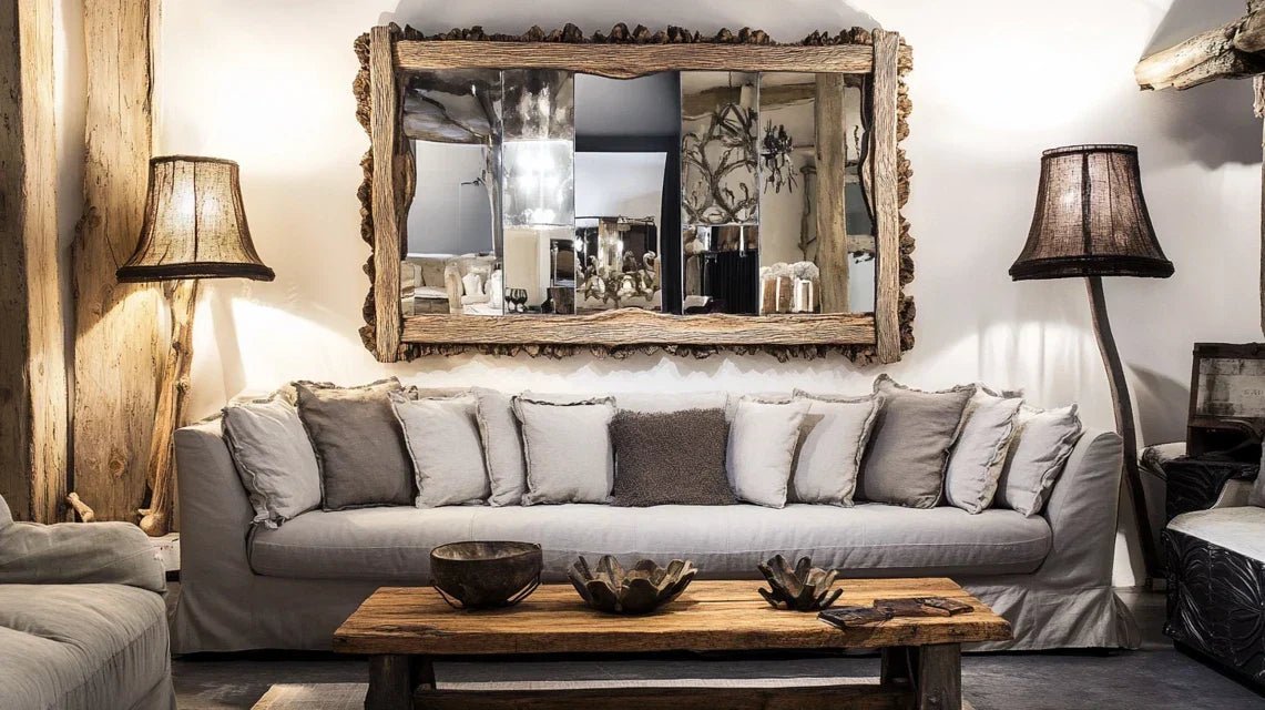 Ambiance décorative illustrant la tendance rustico-chic avec cadres en bois massif patinés intégrés dans des intérieurs contemporains alliant élégance et touches rustiques authentiques.