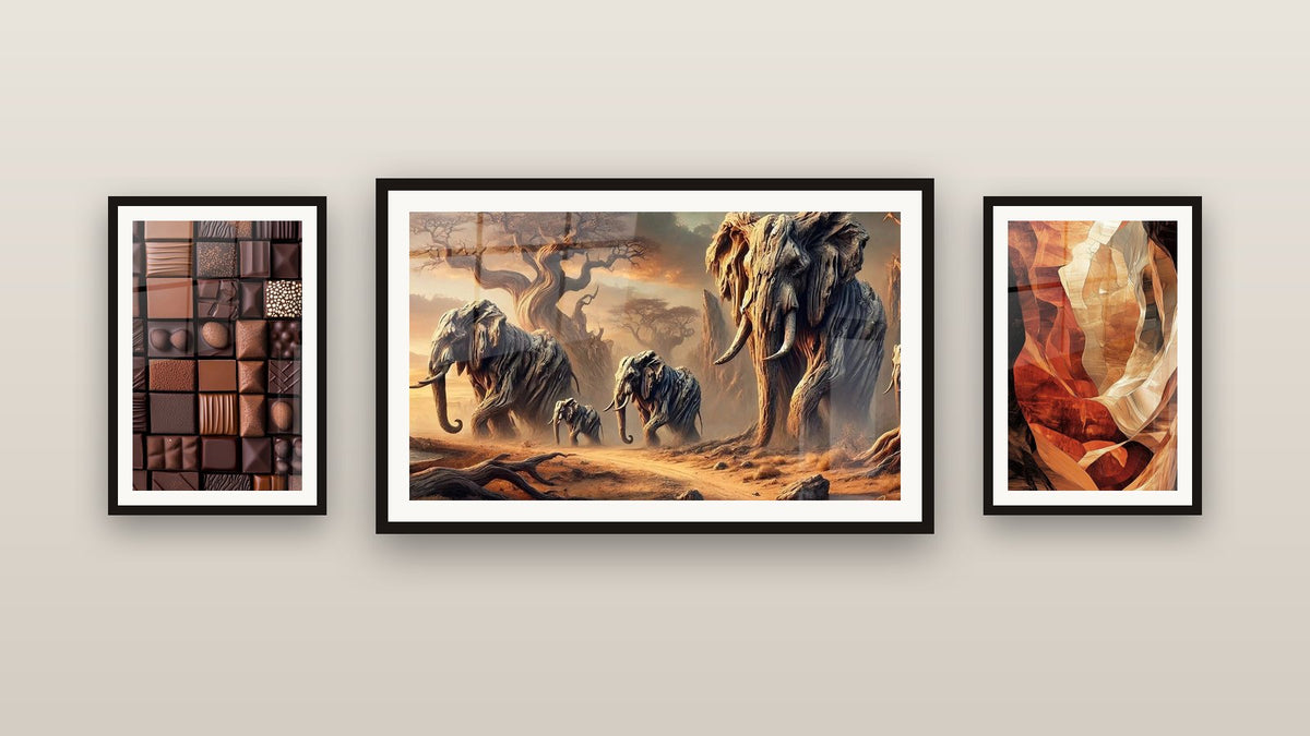 Gallery wall with three framed paintings, including Chocolate Wall Art No. 3 and The Call of Ancestors