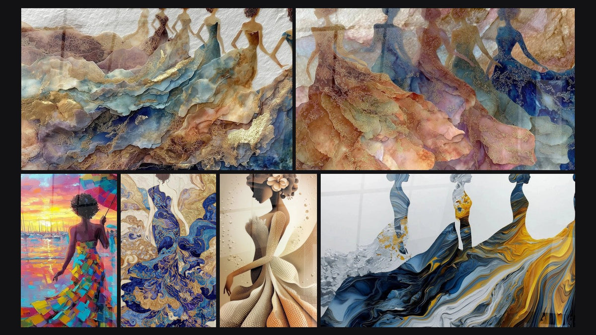 Mosaïque de six tableaux, dont Figures Féminines, Unité Humaine et Femme