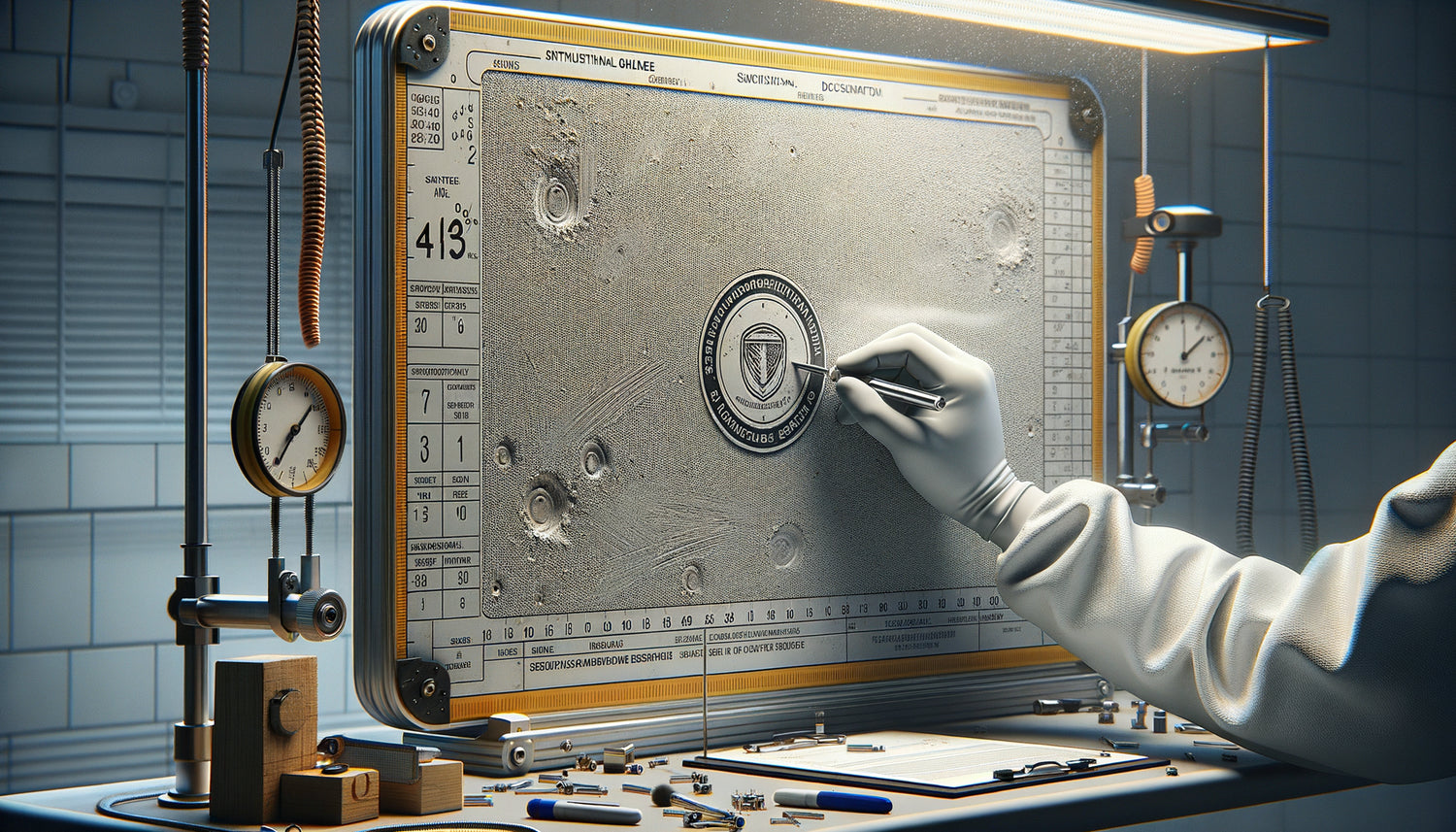 Test professionnel de résistance d'une surface de tableau scolaire avec outils de contrôle qualité pour usage intensif