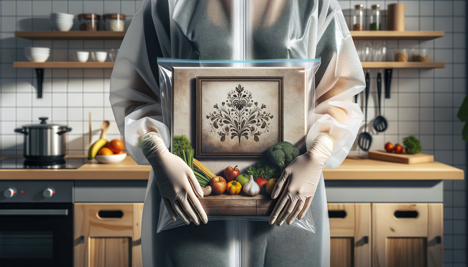 Test hermétique d'un tableau dans un sac scellé pour vérifier l'absence d'odeurs chimiques près des aliments en cuisine
