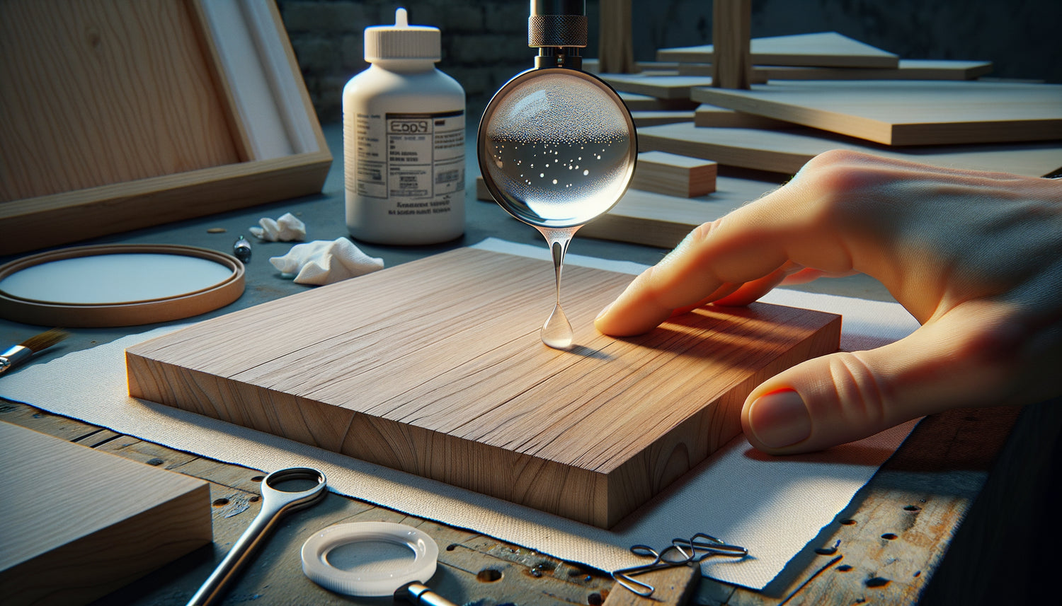 Test de la goutte d'eau sur panneau de bois en atelier pour évaluer la porosité avant application de peinture
