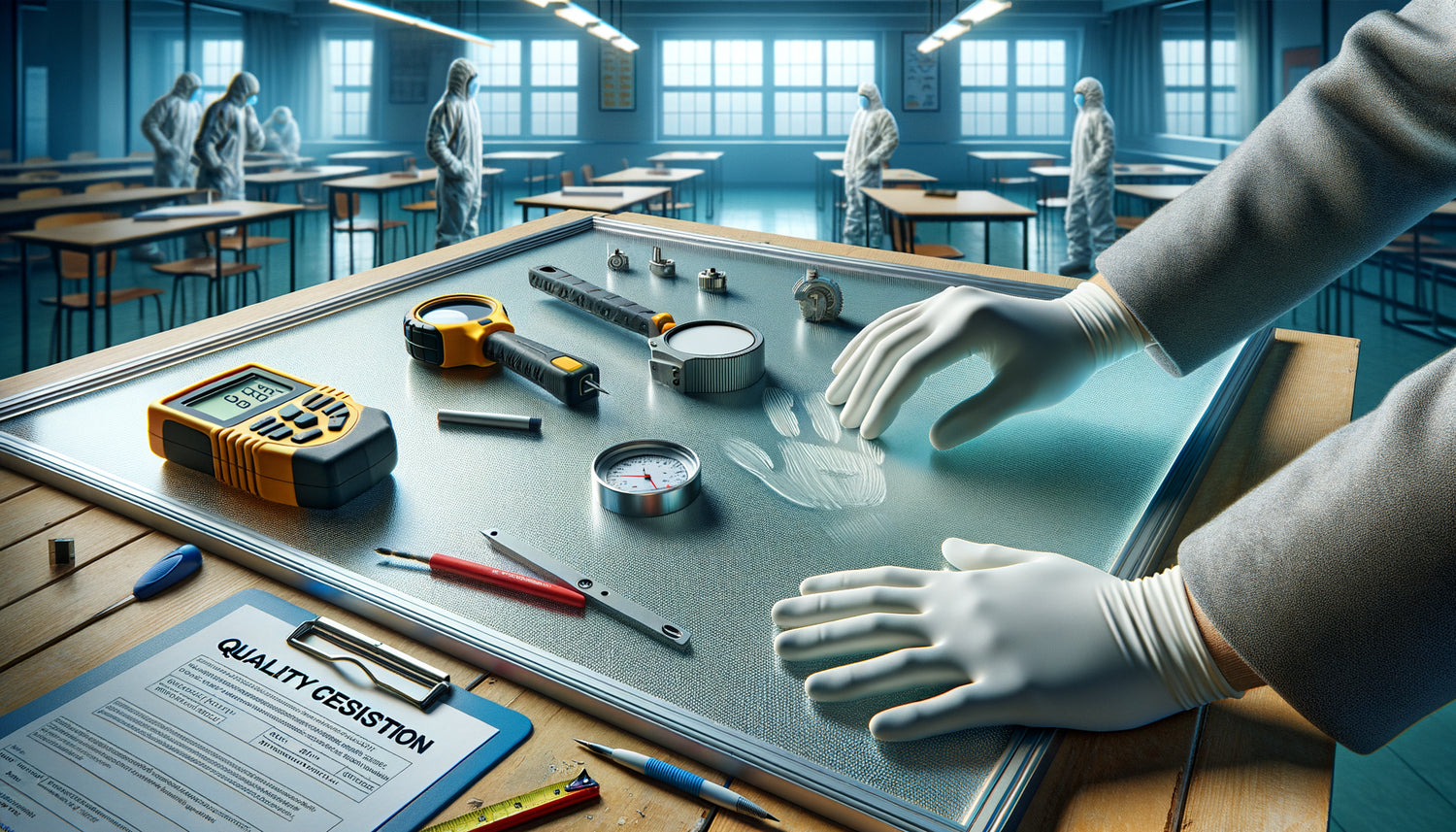 Test professionnel de résistance anti-vandalisme d'un tableau blanc dans un environnement scolaire moderne avec outils de contrôle qualité