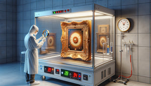 Test professionnel de résistance à l'humidité d'un tableau de luxe en laboratoire de conservation d'art contemporain