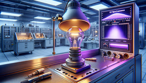 Test de résistance aux UV d'un spot halogène en laboratoire technique avec équipements de mesure professionnels