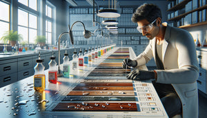 Test professionnel de résistance de vernis face aux détergents de cuisine sur échantillons en laboratoire