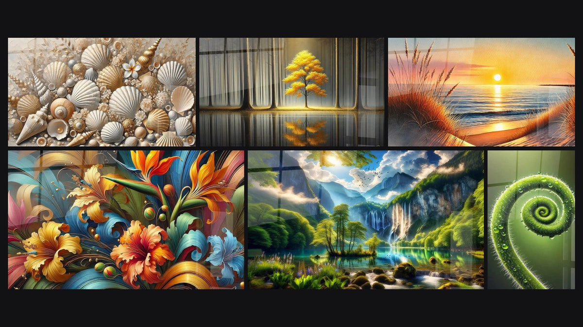 Mosaic of six paintings, including Jewels of the Sands, Eternal Tranquility and Botanical Rhapsody