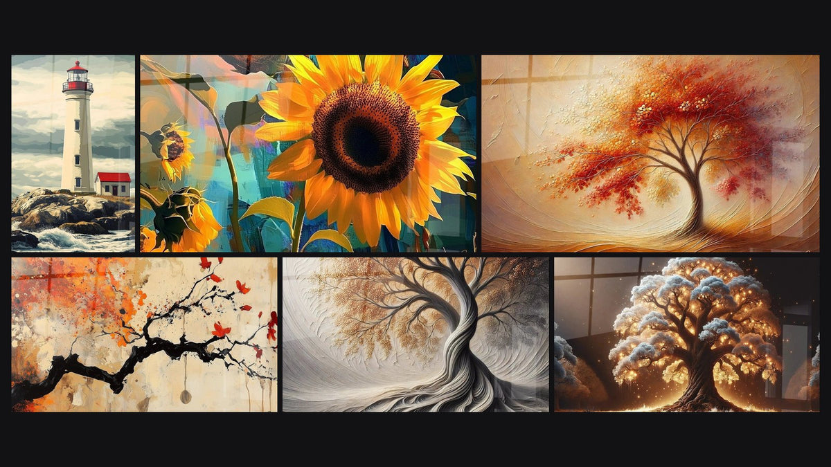 Mosaico di sei quadri, tra cui Faro N°3, Girasole N°1 e Respiro della Terra