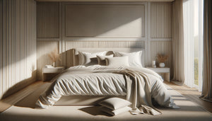 Linge de lit premium blanc et serviettes hôtelières disposés sur lit Airbnb, ambiance accueillante et confortable